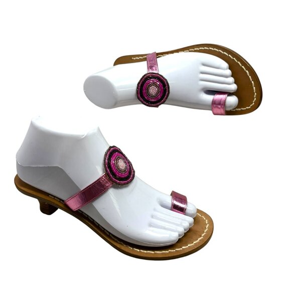 CAPRI SANDALS Violet Metallic Leather Beaded Accent Toe Ring Slides - Picture 11 of 11